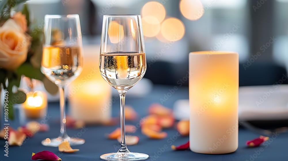 Cozy and Intimate Candle Lit Table Setting with Crystal Wine Glasses Rose Petals and Elegant Floral Decor