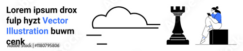 Cloud icon, chess rook, person using mobile. Ideal for cloud computing, strategy, technology, digital communication, innovation social media user interaction. Landing page