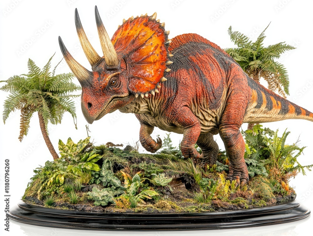 Fototapeta premium A detailed model of a Triceratops in a lush prehistoric environment.