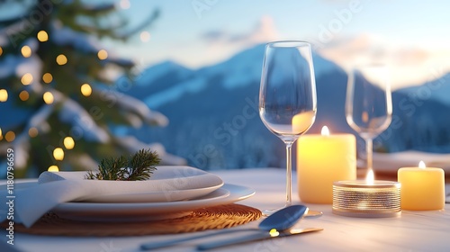 Cozy candlelit dinner table setting with a stunning view of distant snowy mountains in a winter wonderland scene  A romantic elegant and peaceful holiday or Christmas atmosphere photo