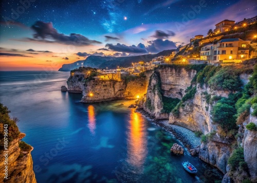 Sorrento Night Drone Shot: Bagni Regina Giovanna Illuminated Coastal Cliffs photo