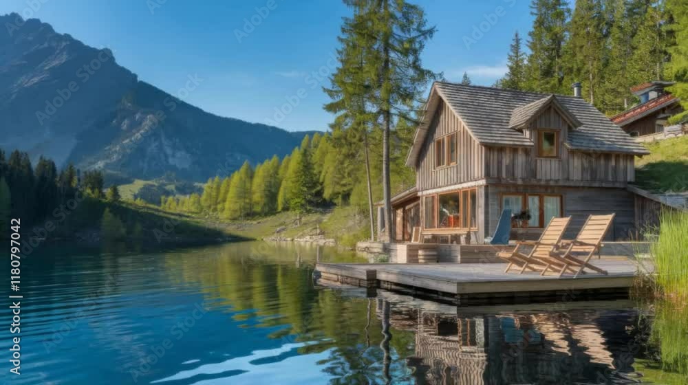 Serene lake house nestled in mountain scenery Serene lake house nestled in mountain scenery