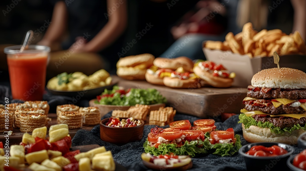 Obraz premium Celebrating culinary delights gourmet food spread cozy restaurant food photography inviting atmosphere top-down view flavorful experience