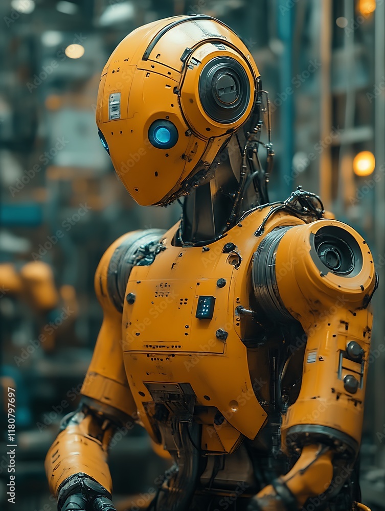Yellow robot in factory setting. Yellow robot in factory setting.