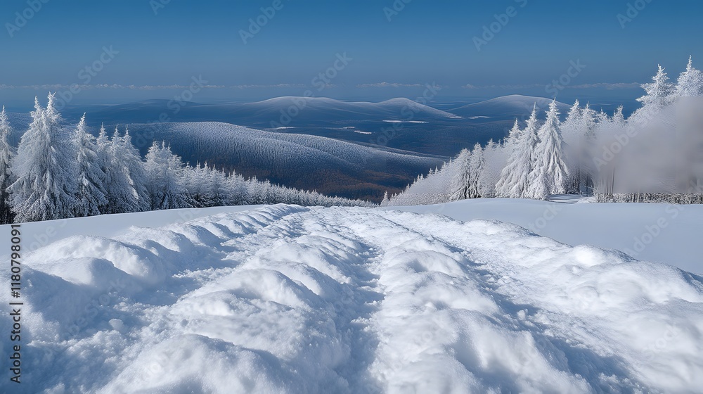 Obraz premium Snow-covered mountain path leading to a scenic winter vista.