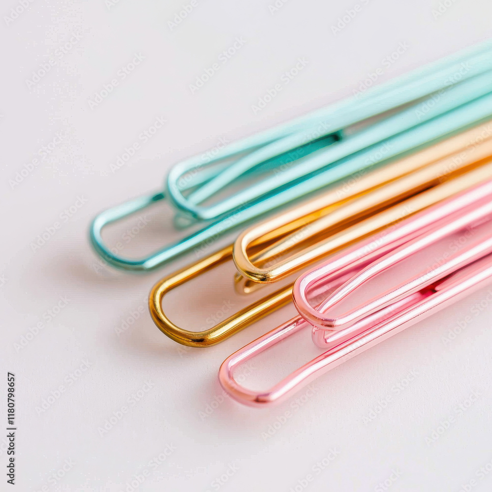 Colorful metallic paper clips in pastel shades on white background isolated design on white background Colorful metallic paper clips in pastel shades on white background isolated design on white background