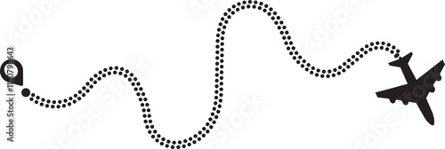 Airplane route path icon. The flight path of the aircraft from the point of location along the dotted line. Flight route from a waypoint with an airplane silhouette isolated on transparent background.