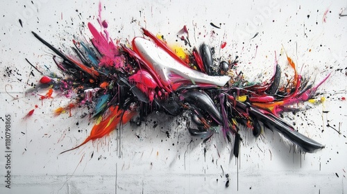 An abstract graffiti composition resembling an explosion of paint splatters and dripping textures