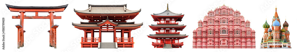 Naklejka premium PNG Iconic global architectural landmarks illustrated, isolated element set, transparent background