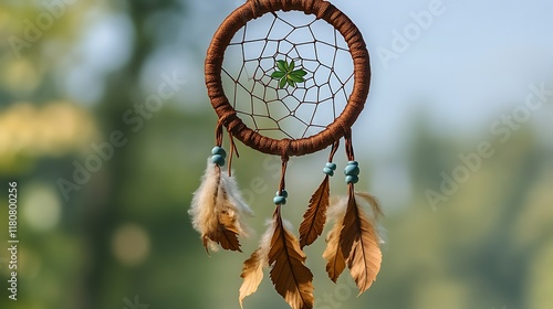 Brown Dream Catcher with Feathers and Green Leaf photo