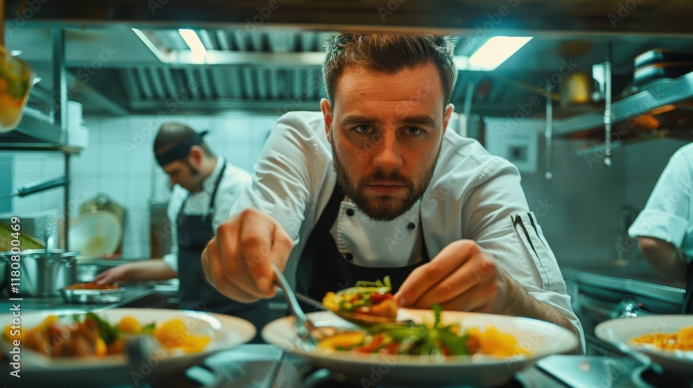 Passionate Chef: In a busy kitchen, the chef plates a dish with focus and care, meticulously adding the perfect finishing touches to create a work of art.
Passionate Chef: In a busy kitchen, the chef plates a dish with focus and care, meticulously adding the perfect finishing touches to create a work of art.