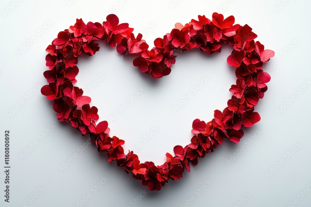 Obraz premium Realistic Heart Shape Border Made of Red Paper Petals on White Background