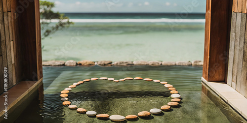 A crystal-clear ocean view with a circle of religious emblems etched on smooth stones along the shore, waves gently lapping at them under a radiant morning sky. photo