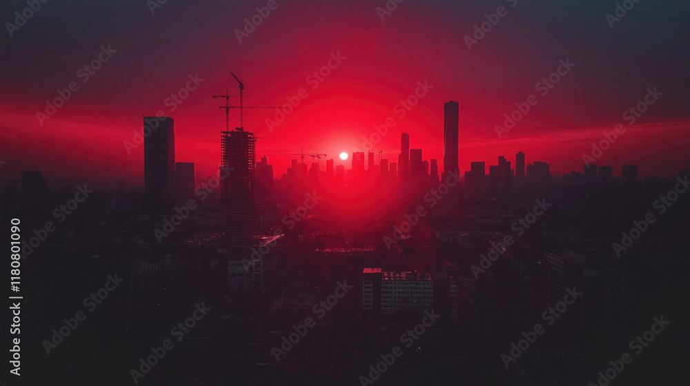 Fototapeta premium Red sunrise over urban skyline with construction cranes and skyscrapers