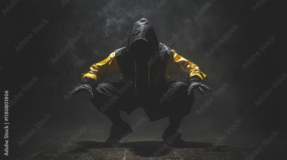 Fototapeta premium Mysterious hooded figure in yellow jacket amidst darkness and fog