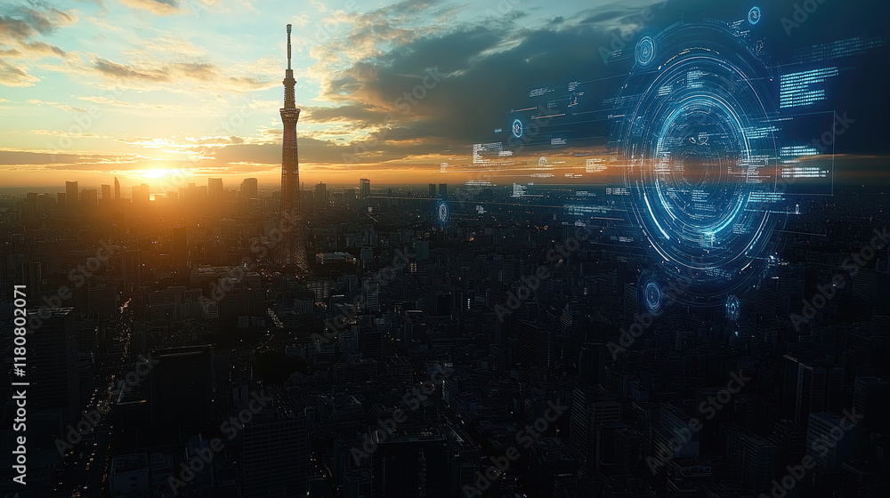 Fototapeta premium Futuristic skyline at sunset with digital interface overlay in tokyo