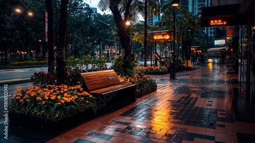 Rainy evening on orchard road singapore lush flowers and urban serenity cityscape photography calm atmosphere photo