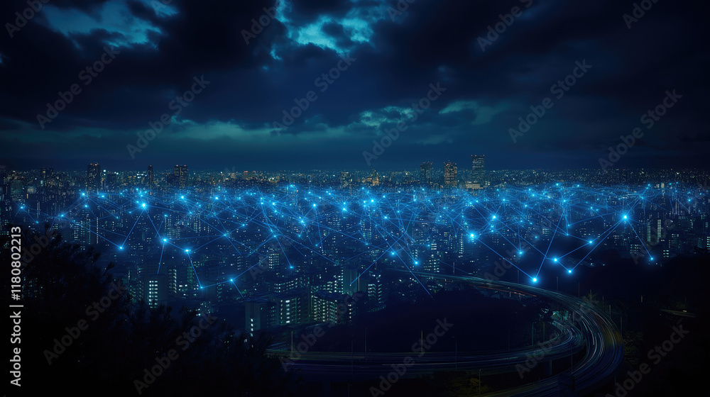 Futuristic smart city skyline with digital network lights at night Futuristic smart city skyline with digital network lights at night