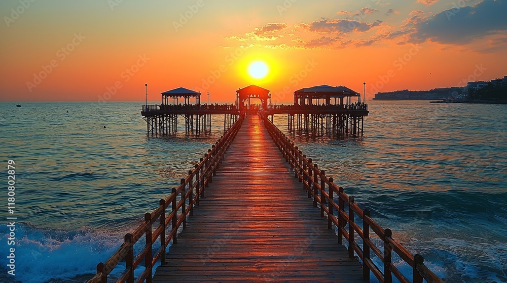 Wooden pier extending to ocean at sunset. Wooden pier extending to ocean at sunset.