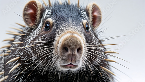 Close-up portrait of a brush-tailed porcupine, showcasing its quills, whiskers, and expressive eyes against a white background. photo