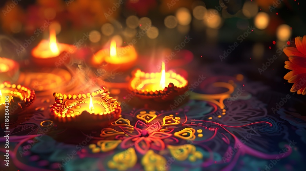 Illuminated Diya Lamps Adorn Festive Rangoli Design Illuminated Diya Lamps Adorn Festive Rangoli Design