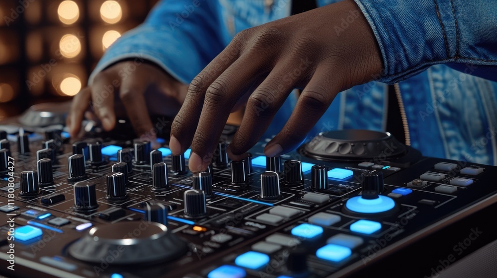 Fototapeta premium African young man dj mixing music on soundboard with blue led lights