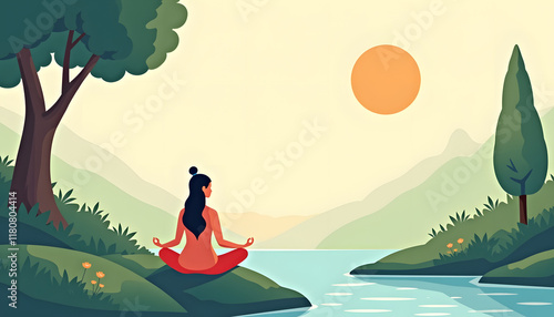 Wallpaper Mural Vector image of a person practicing meditation in a peaceful environment, surrounded by elements of nature such as trees and water, symbolizing inner peace and harmony. Torontodigital.ca