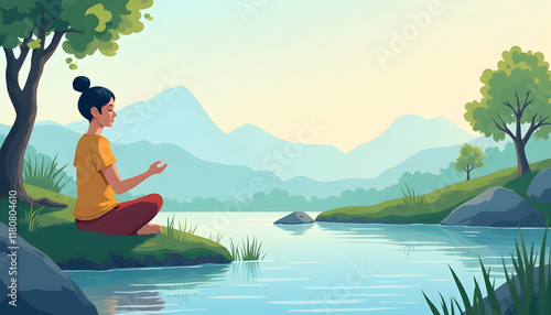 Wallpaper Mural Vector image of a person practicing meditation in a peaceful environment, surrounded by elements of nature such as trees and water, symbolizing inner peace and harmony. Torontodigital.ca
