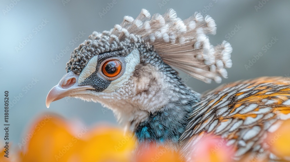 Close-up of beautiful crested bird with vibrant feathers and striking orange eye Close-up of beautiful crested bird with vibrant feathers and striking orange eye