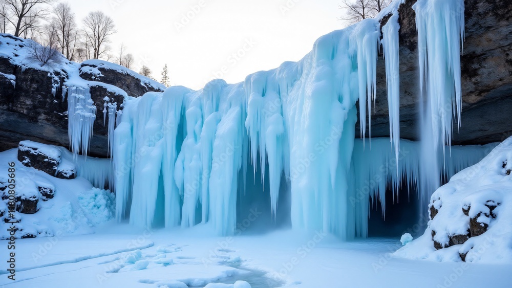 Obraz premium Frozen waterfall cascading over snow-draped rocks. Icicles sparkle under a pale sun, while frosted trees rise in the background, completing the dramatic wintry scene.