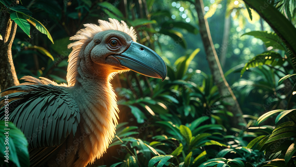 Fototapeta premium Extinct flightless bird in lush jungle.