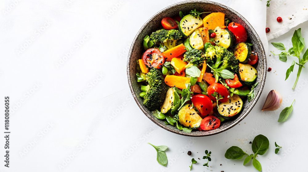 fresh and colorful vegan salad with broccoli zucchini tomatoes and carrots in a bowl on a white background fresh and colorful vegan salad with broccoli zucchini tomatoes and carrots in a bowl on a white background