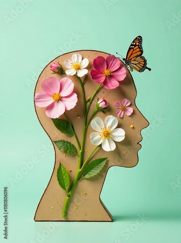 Cardboard silhouette of human head decorated with flowers and butterfly on mint background World mental health day concept Vertical banner Copy space new image