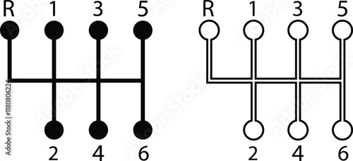 Set of car transmission icons vectors in trendy black flat and line styles. Gearbox symbols. Shifting lever illustration. Manual transmission for UI design elements isolated on transparent background.