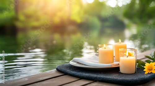 Floating candles casting a warm glowing light over a serene pond set the stage for a romantic dinner experience in nature  This tranquil intimate setting invites couples to unwind relax