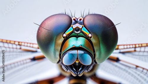 Extreme close-up of a dragonfly's head, showcasing its iridescent eyes and intricate mouthparts. photo