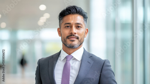 Confident South Asian man in his thirties wearing a suit and tie, posed in an office environment, demonstrating professionalism and charisma in modern workplace settings