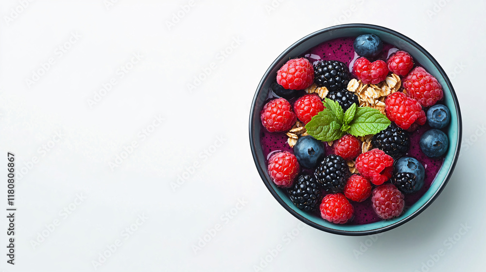 closeup of a colorful smoothie bowl with fresh berries and mint on a white background closeup of a colorful smoothie bowl with fresh berries and mint on a white background