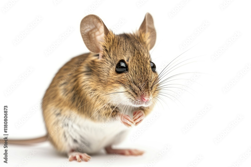 Closeup Small Mouse Stands on Its Hind Legs Isolated on White Background Closeup Small Mouse Stands on Its Hind Legs Isolated on White Background