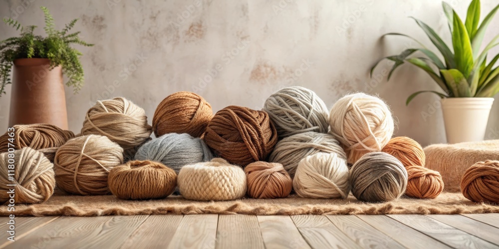A Collection of Soft Yarn Balls in Earthy Tones on Rustic Wood A Collection of Soft Yarn Balls in Earthy Tones on Rustic Wood