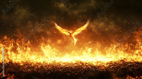 Fiery Phoenix rising from ashes, dramatic fire background, mythical creature, fantasy art, game design.
