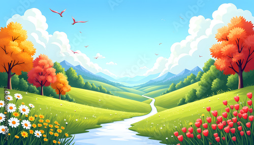 A landscape illustration showing the four seasons in one image: spring flowers, summer green fields, fall leaves, and winter snow. Each season should be brightly colored and detailed in vector style.