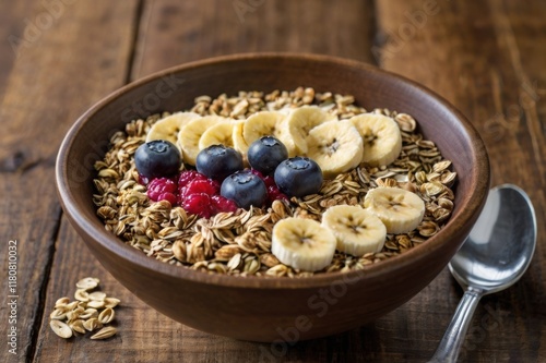 A nutrient-packed acai bowl filled with granola, bananas, coconut flakes, and hemp seeds. photo