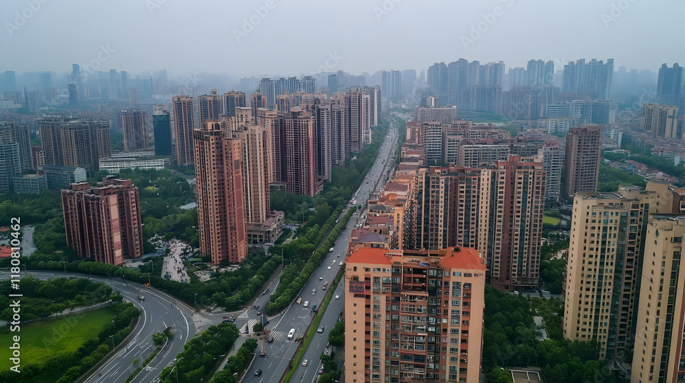 Aerial view of a cityscape with high-rise buildings and a busy road surrounded by greenery. Aerial view of a cityscape with high-rise buildings and a busy road surrounded by greenery.