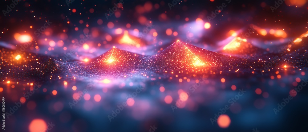 Fototapeta premium Glowing abstract landscape with red and blue particles.