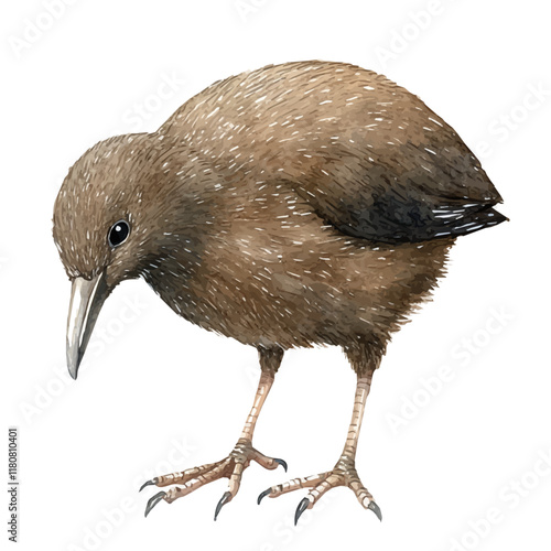 A watercolor of a kiwi bird foraging at night, isolated on a white background. Kiwi bird foraging vector.
