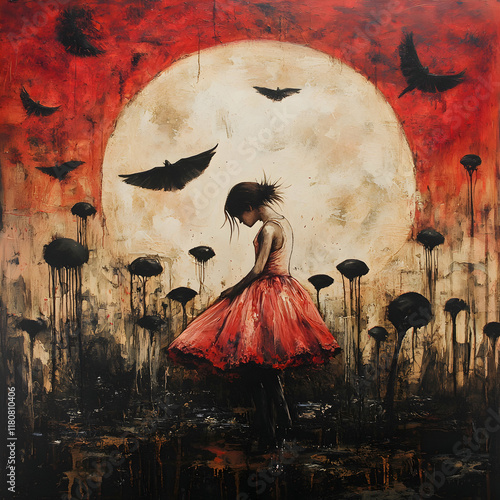 Darkly evocative painting of a girl in a red dress amidst a surreal landscape of dripping black forms and flying crows under a large, pale moon. photo