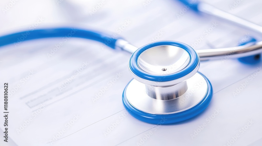 A blue stethoscope is on top of a piece of paper A blue stethoscope is on top of a piece of paper