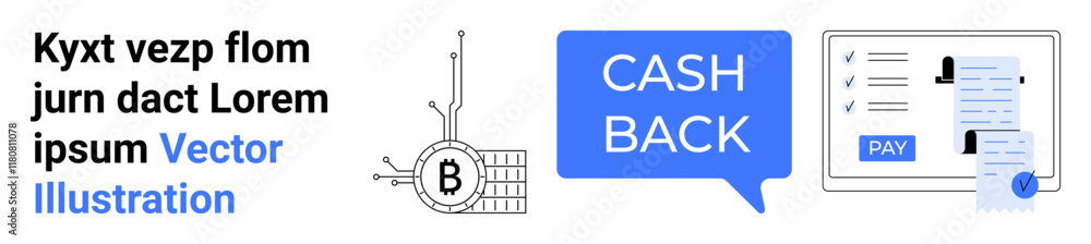Bitcoin icon in circuit, cashback speech bubble, and payment form with receipt. Ideal for fintech, cryptocurrency, cashback offers, digital payments, online transactions, e-commerce, financial apps Bitcoin icon in circuit, cashback speech bubble, and payment form with receipt. Ideal for fintech, cryptocurrency, cashback offers, digital payments, online transactions, e-commerce, financial apps
