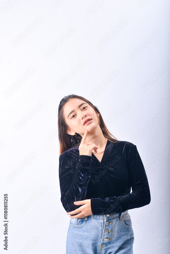 Smiling Woman in Casual Outfit Isolated Against a Bright White Background Smiling Woman in Casual Outfit Isolated Against a Bright White Background